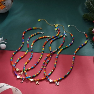 Colorful Rainbow Beaded Necklace With Stainless Steel Chain Gold Heart Initial Letter Pendant Adjustable Women Boho Jewelry