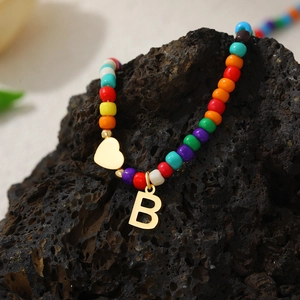 14k gold plated stainless steel rainbow beaded necklace with heart and letter B charm