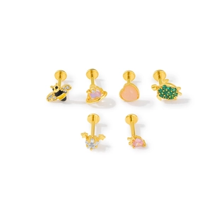 6-piece gold stainless steel piercing set with bee, saturn, and heart zircon studs
