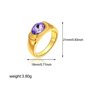 Detail view of 18K gold ring with 21mm purple gemstone and measurement labels