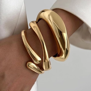 14K Gold Plated Alloy Bangle Minimalist Open Cuff Bangle Bracelet Layered Water Drop Wave Style For Women Fashion Jewelry