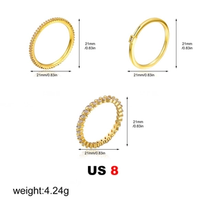 Detailed size chart showing US size 8 18K gold rings with cubic zirconia and weight details