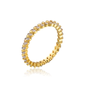 Macro view of 18K gold eternity band featuring a continuous row of clear zircon stones