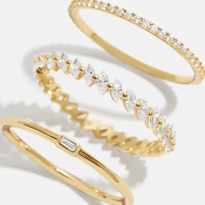 Three-piece stackable 18K gold-plated rings set with marquise and rectangular cubic zirconia