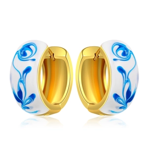 18K gold plated hoop earrings with blue and white porcelain style enamel finish