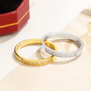 Polished gold and silver stainless steel rings set with ten sparkling inlaid crystals