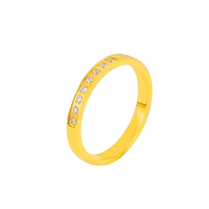 Close-up of channel-set round zircons on an 18k gold-plated stainless steel band