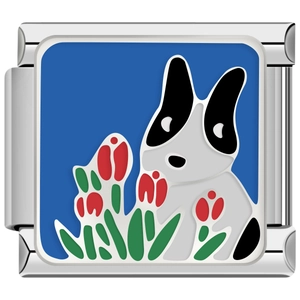 Italiaanse bedelarmband schakel met zwart-witte hond en tulpen op blauwe emaille achtergrond