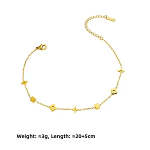 Minimalistisches Fußkettchen aus Gold-Titanstahl mit Glücksklee- und Sternanhängern