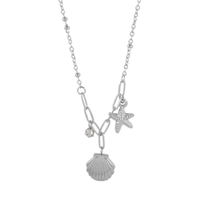 Silver marine theme necklace with seashell and starfish pendants on a bead chain