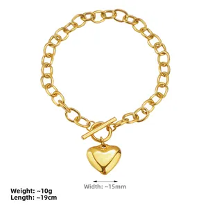 Golden titanium steel chunky chain bracelet with OT buckle and 15mm heart pendant