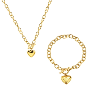 Gold chunky chain jewelry set with toggle clasp and round heart pendants