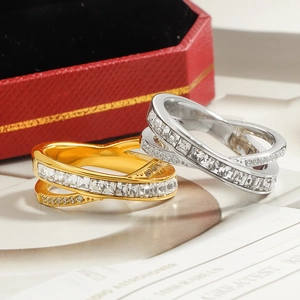 Luxus Titanstahl Überkreuzter Zirkonia Ring Für Damen Herren Quadratisch Rund CZ Eingelegt Gold Silber Überzogener Fingerring