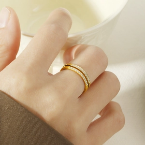 Close-up of a double-layered gold titanium steel ring set with 22 sparkling zircons