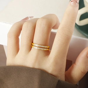 Double-layered gold titanium steel ring with micro-pave zircons for elegant women