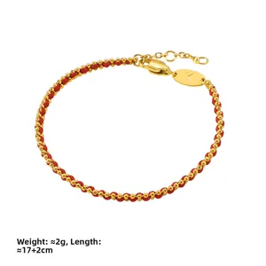 Braided red rope bracelet with gold beads, 17+2cm length and lobster clasp