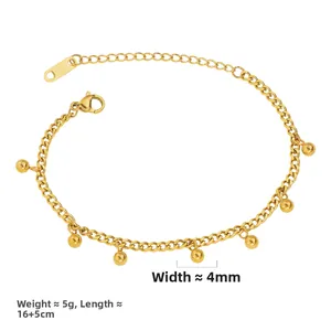 Minimalist gold beaded tassel bracelet in stainless steel with adjustable chain for women