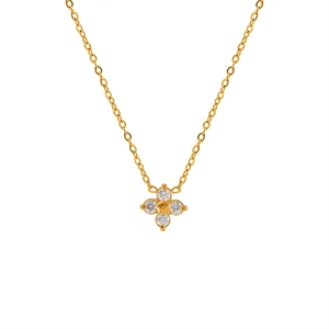 Collar de acero de titanio dorado con colgante de trébol de cuatro hojas de circón y cadena