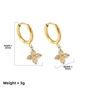 Pendientes de trébol de acero de titanio con circón, dimensiones 25mm altura y 9mm anchura