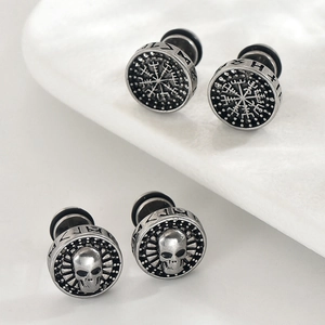 Vintage Stainless Steel Stud Earrings For Men Viking Vegvisir Compass Skull Pattern Distressed Punk Gothic Jewelry Ear Studs