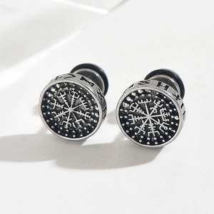 Vintage Viking compass stud earrings in silver steel with Nordic rune engravings