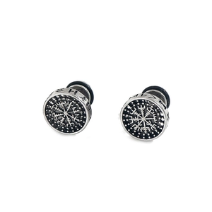 Vintage silver Nordic compass stud earrings for men with engraved runes and runes details