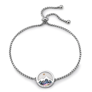 Silver mountain wave round pendant shell bracelet with engraved motivational quote
