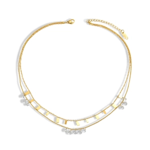 Collier double rang doré avec plaques rectangulaires polies et perles de cristal facettées