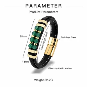 Détail du bracelet en cuir tressé noir avec pierres vertes et mesures du fermoir magnétique