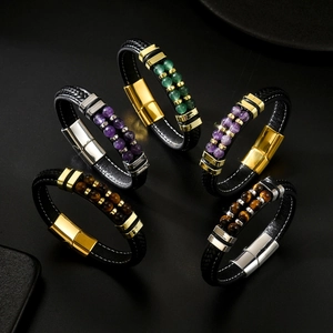 Bracelet tressé pour homme avec œil de tigre naturel et fermoir en métal doré