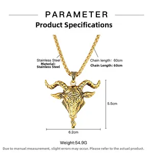 Dimensions détaillées du collier pendentif tête de chèvre dorée en acier inoxydable