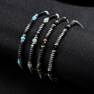 Men's hematite beaded bracelet set featuring geometric stones in four mixed colors