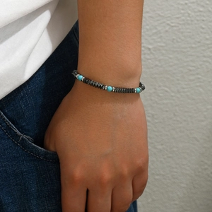 Retro natural stone beaded bracelet with grey faceted hematite and blue turquoise beads