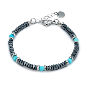 Multicolor beaded hematite bracelet with blue natural stones and silver metal clasp
