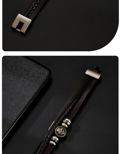 Detail of vintage multilayer leather bracelet with skull charm and metal clasp