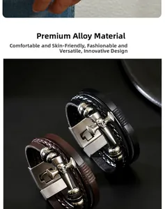 Detail of multi-layer braided leather bracelet with vintage alloy skull cross charm