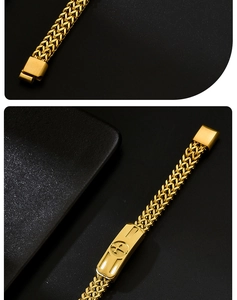 Detail of gold woven stainless steel bracelet with cross charm and magnetic clasp