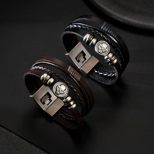 Vintage Punk Multilayer Woven Leather Bracelet For Men Alloy Skull Charm Retro Biker Handcuff Jewelry Accessory Wristband Gift