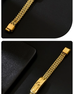 Close-up of golden braided mesh bracelet featuring a treble clef note metal plate detail