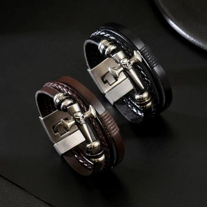 Retro Men's Multi-Layer Braided Leather Bracelet With Alloy Skull Cross Pendant Punk Rock Style Wristband Jewelry Gift For Men
