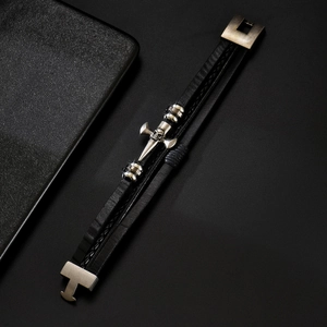 Men's multilayer black leather braided bracelet with vintage silver skull cross charm