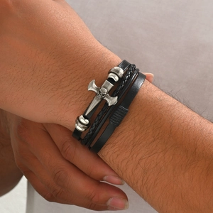 Men's multilayer braided leather bracelet with silver cross sword and skull charm