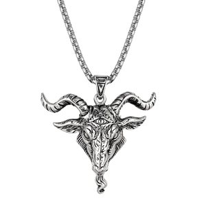 Collier pendentif tête de chèvre argent vintage avec troisième œil et grosse chaîne tressée