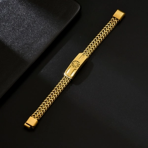 Men's gold stainless steel double chain bracelet with sunburst rectangle plate
