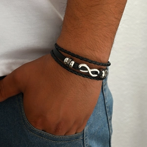 Men's multilayer black braided leather bracelet with silver infinity symbol and metal beads
