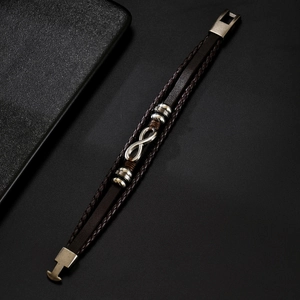Men's multi-layer braided leather bracelet with vintage infinity symbol and metal beads