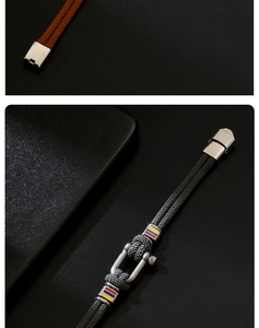 Close-up of stainless steel U-shackle and two-tone woven Milanese cord bracelet detail