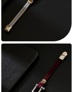 Macro view of woven nylon bracelets with polished horseshoe buckle and colored accents