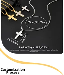Close-up of cross pendants in gold, silver and black finish with detailed dimensions