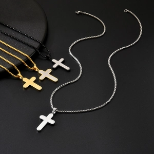 Classic cross pendant necklace in gold, silver, and black stainless steel with box chain